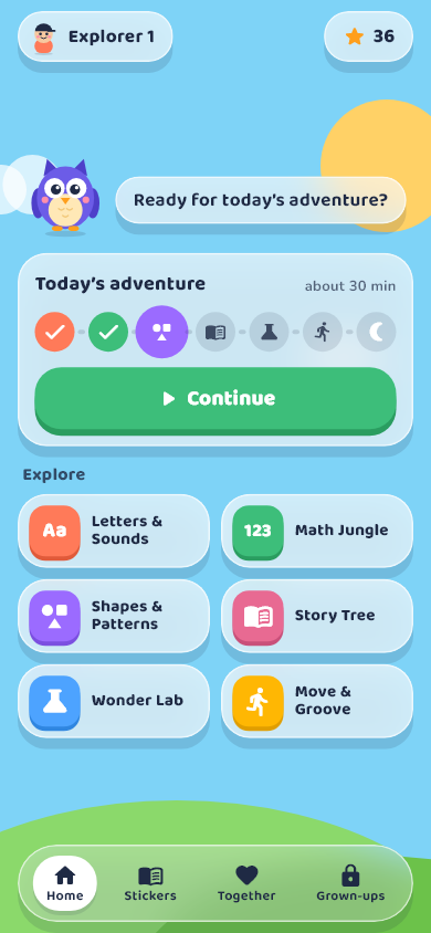 Home screen with today's adventure and six worlds