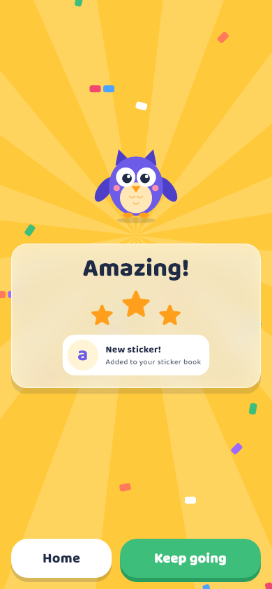 Reward screen with three stars and a sticker